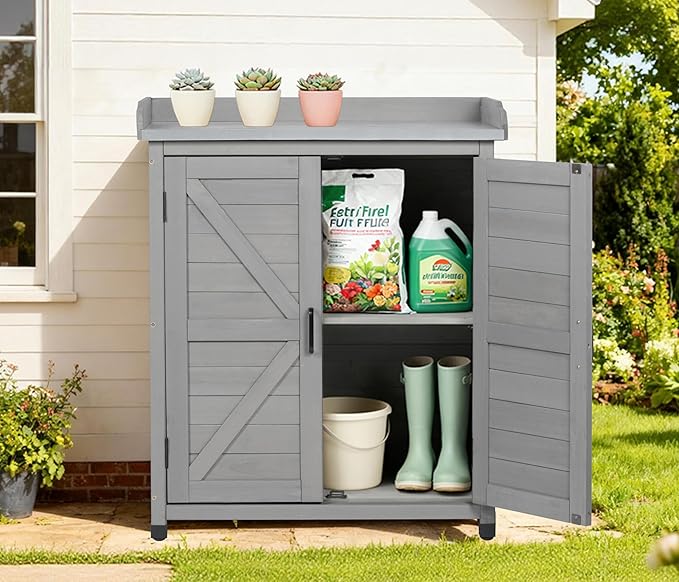 Outdoor Potting Bench with Storage Cabinet and Metal Top, Wood Workstation - Image 9