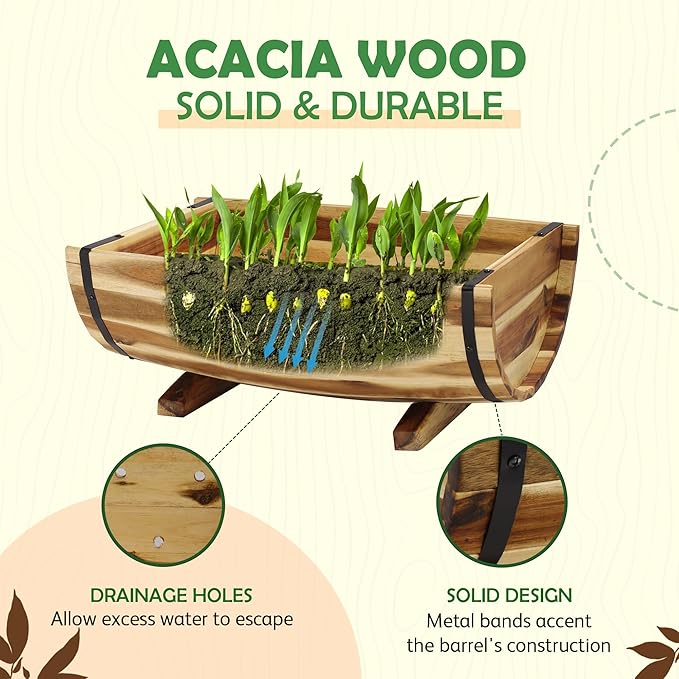 Solid Acacia Wood Half Barrel Planters Outdoor Set of 2 Different Sizes - Image 4