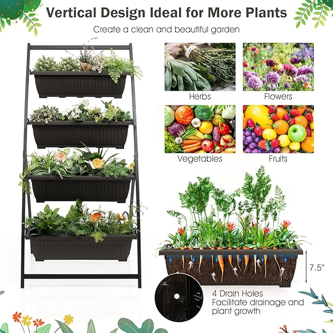 Giantex 2 Pcs 5.2FT Vertical Raised Garden Bed, 4-Tier Elevated Planter Box w/4 - Image 5
