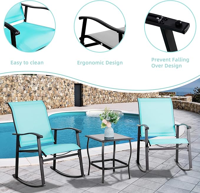 Vongrasig 3 Piece Outdoor Rocking Bistro Set, Textilene Fabric Small Patio - Image 3