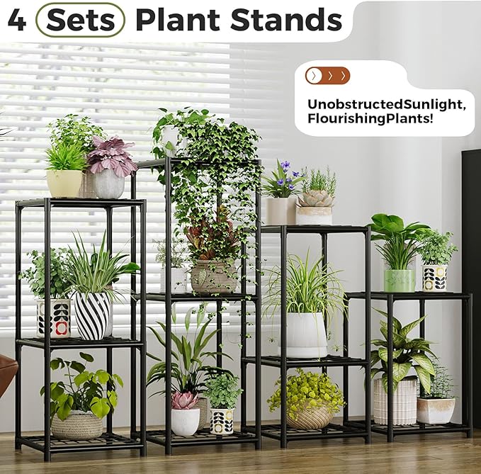 Bamworld Plant Stands Indoor 4 Sets Plant Shelves Outdoor Metal Plant Holder - Image 5