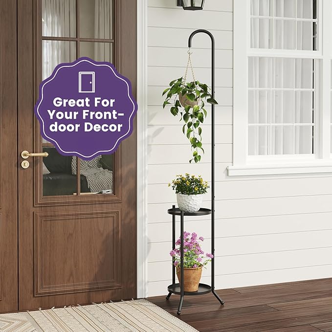 2-Tier Metal Plant Stand with Hanging Hook, Indoor Outdoor Plant Shelf - Image 7