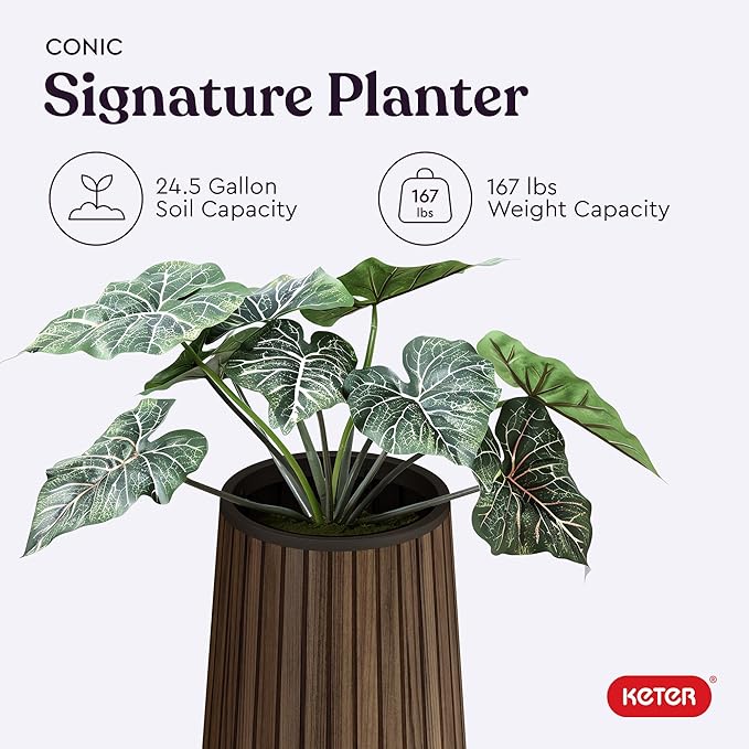 Keter Signature Conic 23.8 Inch Tall Round Large Wood Look Planter - Image 10