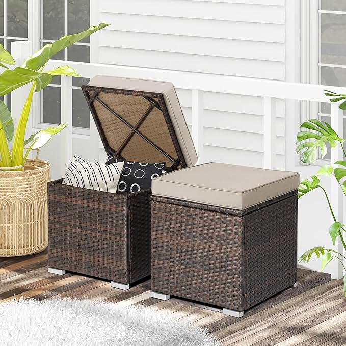 RELAX4LIFE Wicker Outdoor Storage Ottoman, 2-Piece Rattan Footstool w/Removable - Image 9