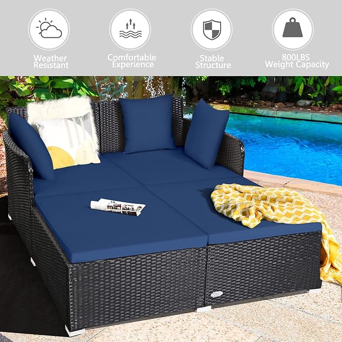 COSTWAY Outdoor Patio Rattan Daybed, Sponge Cushioned Loveseat Sofa - Image 7