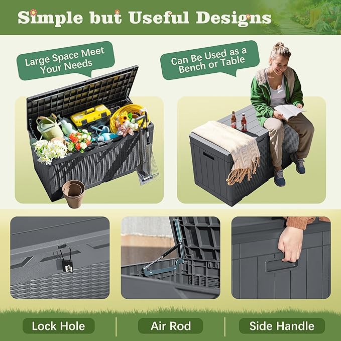 Flamaker Outdoor Storage Box 100 Gallon Waterproof Resin Deck Box Delivery Box - Image 4