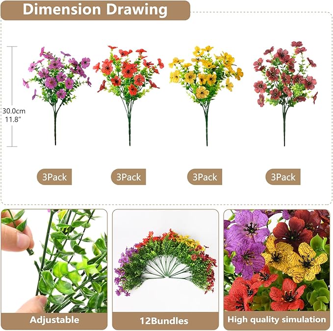 Artificial Flowers Faux Plants Outdoor Fake Flowers Spring Decor, 12 Bundles - Image 2