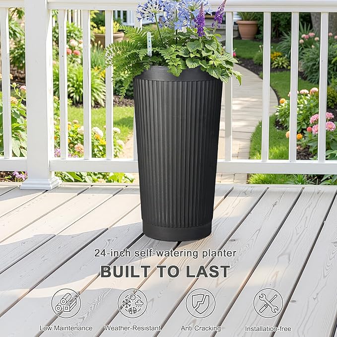 Self Watering Tall Black Planters Outdoor Set of 2, 24” Flower Pots Planters - Image 3