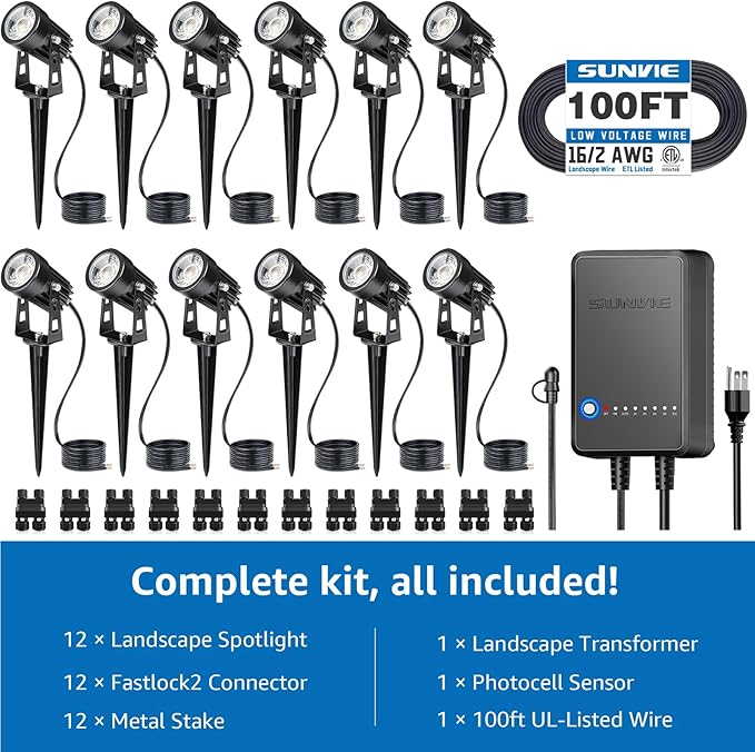 SUNVIE All-in-One LED Low Voltage Landscape Lighting Kit, 3000K Waterproof Low - Image 2