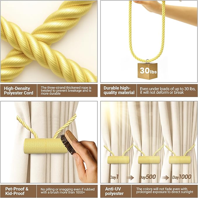 Hion Magnetic Curtain Tiebacks Golden 2pcs, Curtain Tiebacks Buckles Holdbacks - Image 3