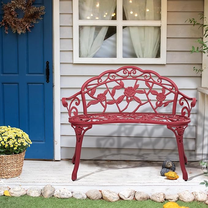 VINGLI 38.5" Patio Park Garden Outdoor Metal Rose Bench, 2-Person Cast Iron - Image 7