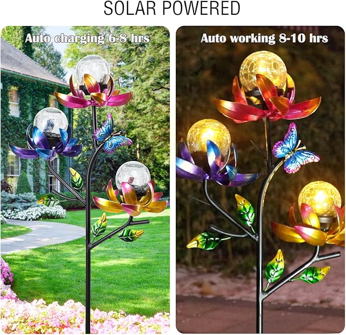 Solar Lights Outdoor Decorative Lotus Flowers Wind Spinner Garden Stake - Image 4