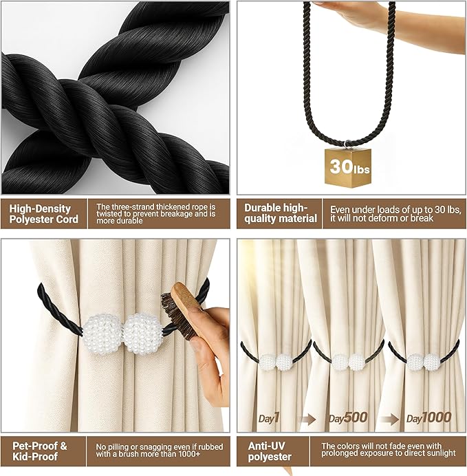 Hion Magnetic Curtain Tiebacks Black 6 Pack, Curtain Tiebacks Buckles Holdbacks - Image 4