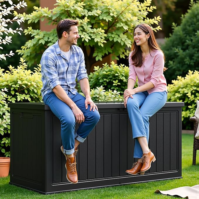 Flamaker Resin Deck Box 270 Gallon, Waterproof Imitation-Wood Lockable Storage - Image 8