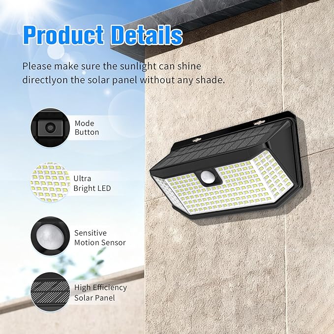 Aootek Solar Lights Outdoor 182 LEDs 2500Lm Solar Motion Sensor Lights IP65 - Image 9