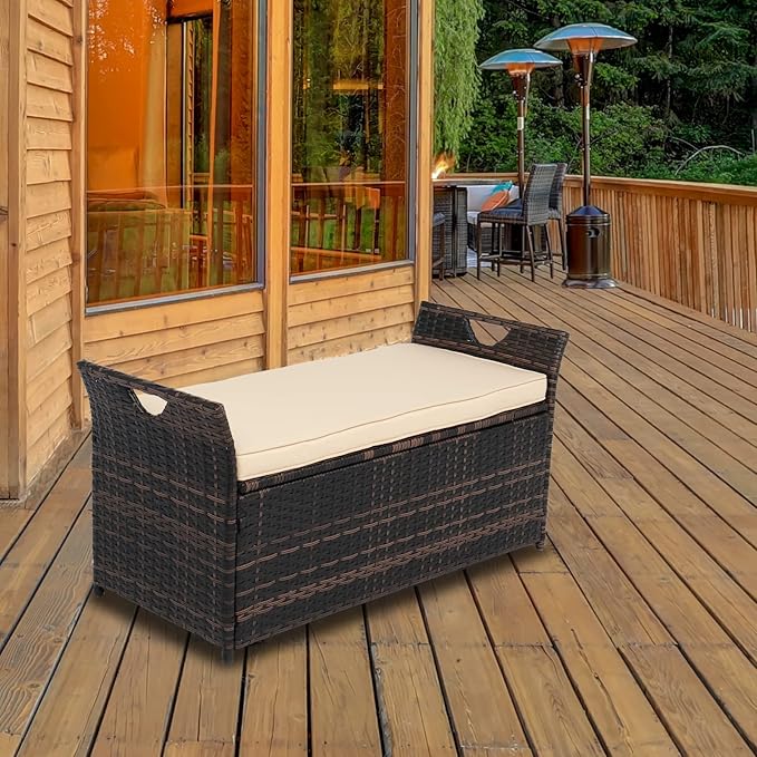 VINGLI 40 Gallon Outdoor Rattan Deck Box w/Cushion, Patio Wicker Storage Box - Image 7