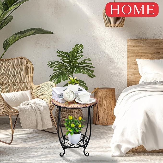 Outdoor Side Table Round Small Mosaic Patio Accent Indoor End Plant Coffee Tea - Image 2