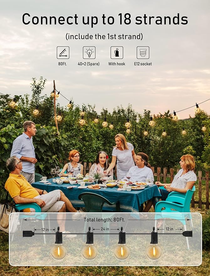 Brightown Outdoor String Lights, 80FT 40+2 G40 Bulbs Shatterproof Patio Lights - Image 2
