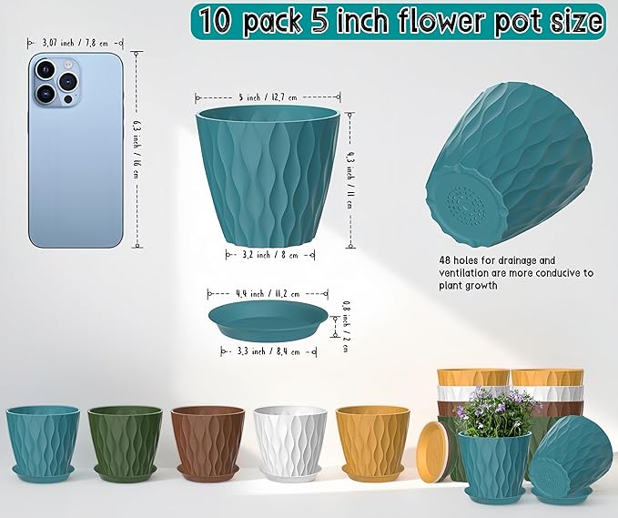 10 Pack 5 Inch Plant Pots with Drainage and Saucers, Stackable Nursery Planters - Image 2