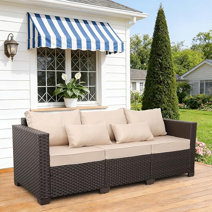 Outdoor Furniture Couch 3 Seater Sofa Outdoor Brown Wicker Sofa Deep Seat High - Image 3