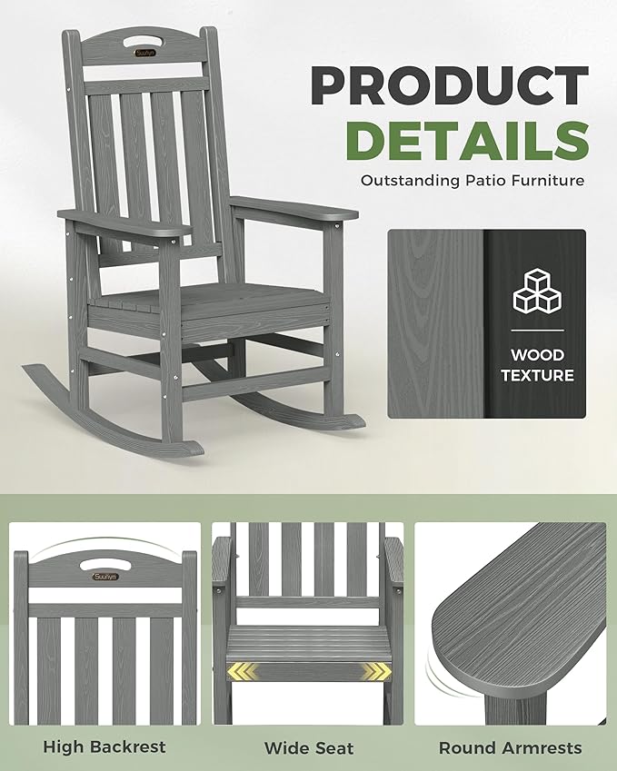 Oversized Outdoor Rocking Chair Set of 4, High Back Porch Rocker Chair - Image 6