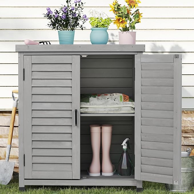 Outdoor Potting Bench with Storage Cabinet and Metal Top, Wood Workstation - Image 8
