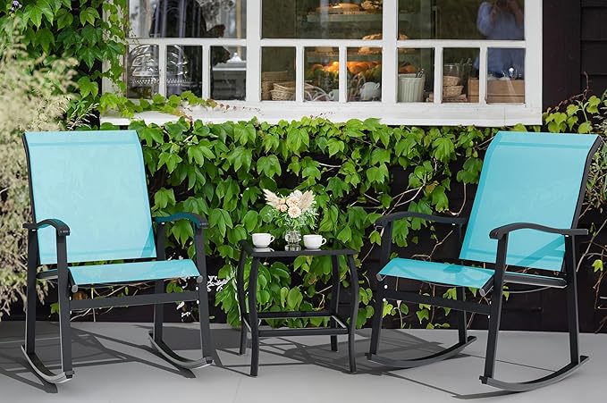 Vongrasig 3 Piece Outdoor Rocking Bistro Set, Textilene Fabric Small Patio - Image 8