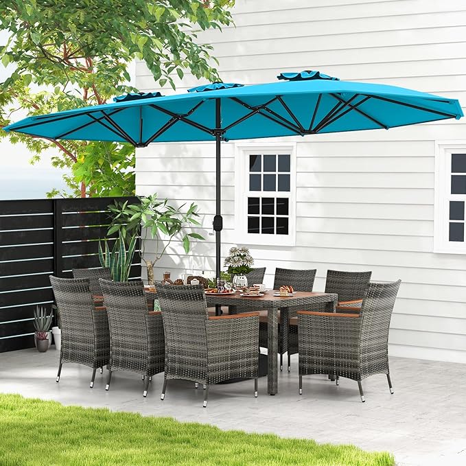 Tangkula 10 Pieces Patio Wicker Dining Set w/Double-Sided Patio Umbrella - Image 9
