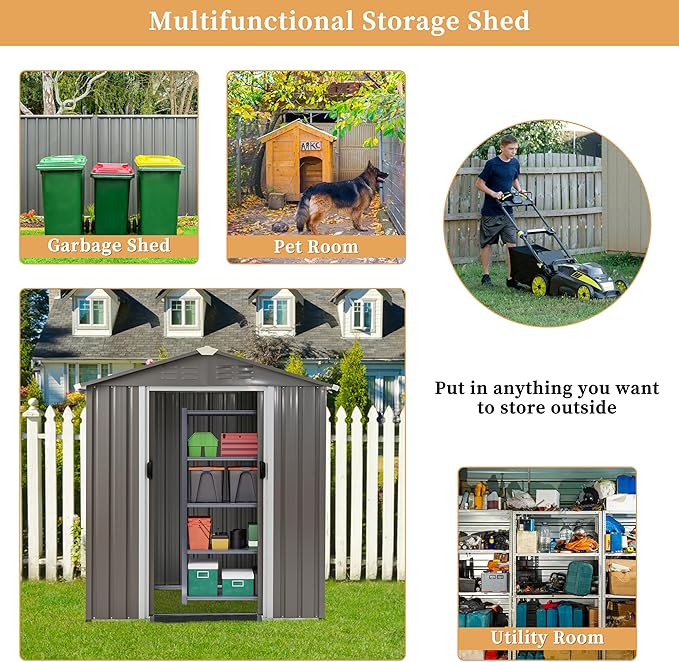 Vongrasig Outdoor Storage Shed, 6 x 4 FT Outside Metal Garden Shed - Image 7