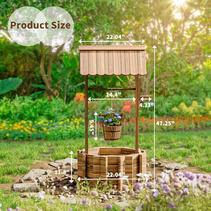 UDPATIO Rustic Solid Fir Wood Wishing Well Planter - Image 6