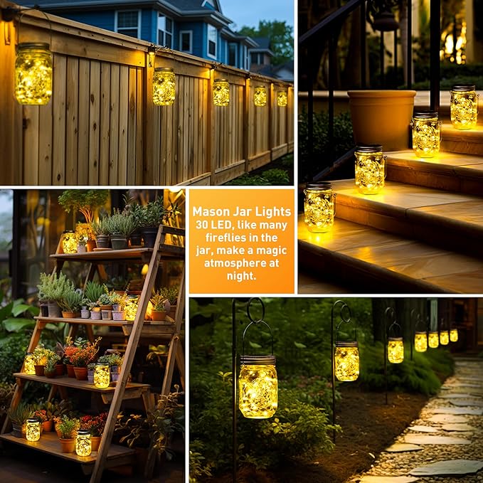 GIGALUMI Solar Mason Jar Lights, 8 Pack 30 Led String Fairy Lights Garden - Image 4