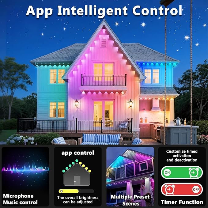 300FT/90M Permanent Outdoor RGB Lights, IP67 Waterproof Smart Eave Lighting - Image 5