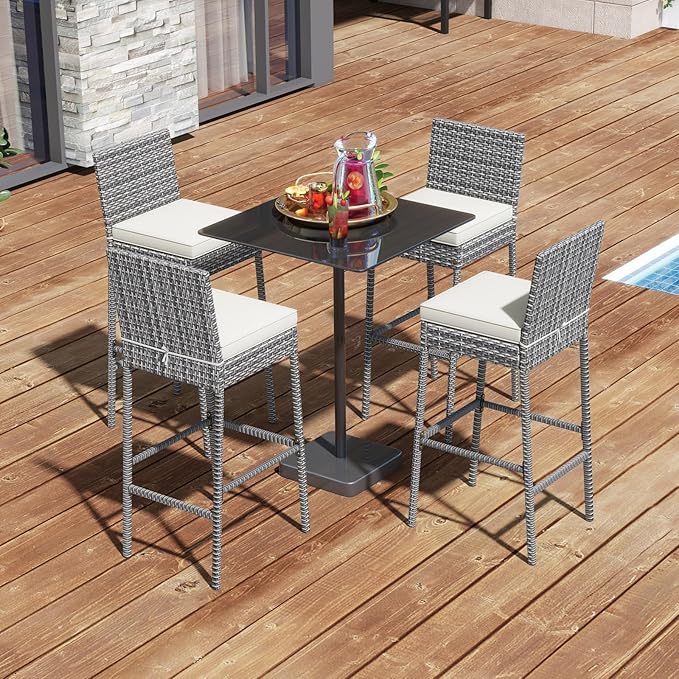 HAPPYGRILL Patio Wicker Barstools Set of 2, Outdoor Bar Height Chair w/Soft - Image 5