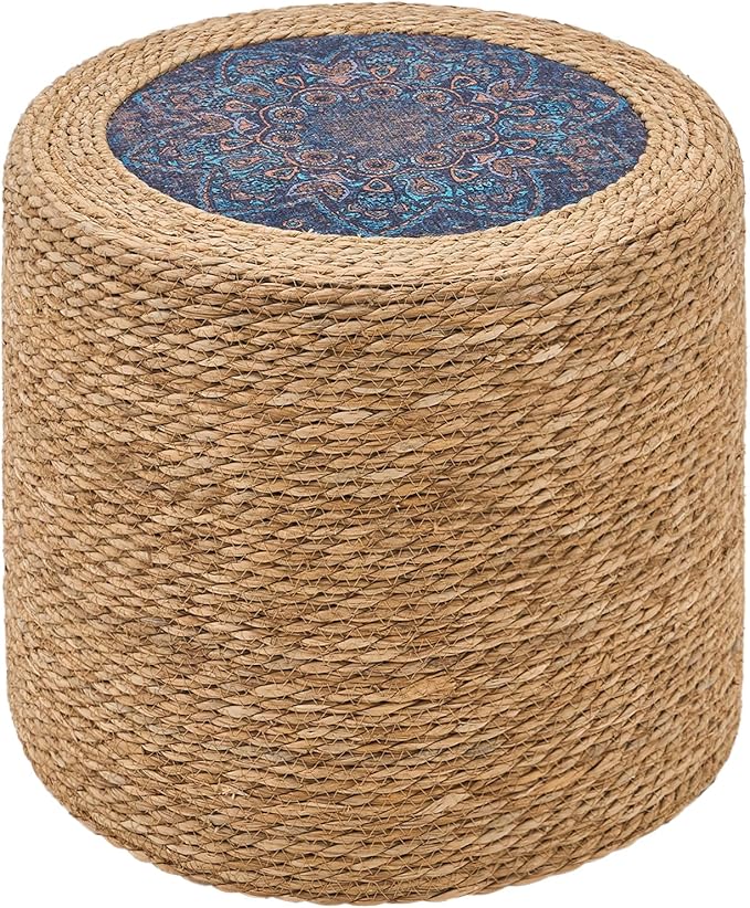 Wimarsbon Round Pouf Ottomans, Handwoven Natural Water Hyacinth Seagrass Pouffe by Wimarsbon