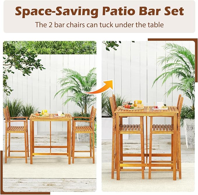 Tangkula 3 Piece Patio Bar Table & Chairs, Outdoor Acacia Wood Bar Set - Image 4