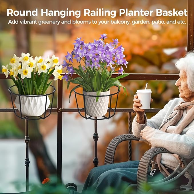 6 PCS Round Hanging Railing Planters, Hanging Flower Stand Iron Baskets - Image 3