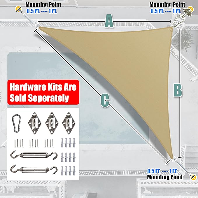 Amgo 16' x 16' x 22.6' Beige Right Triangle Sun Shade Sail UPF50+ Canopy Awning - Image 7