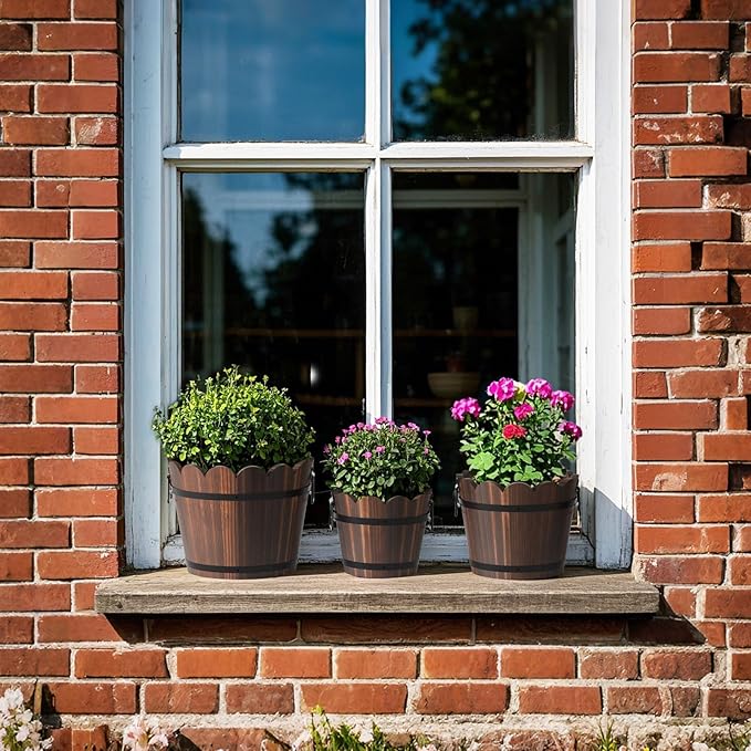 Wooden Bucket Barrel Planters, Rustic Patio Planters Flower Pots - Image 6
