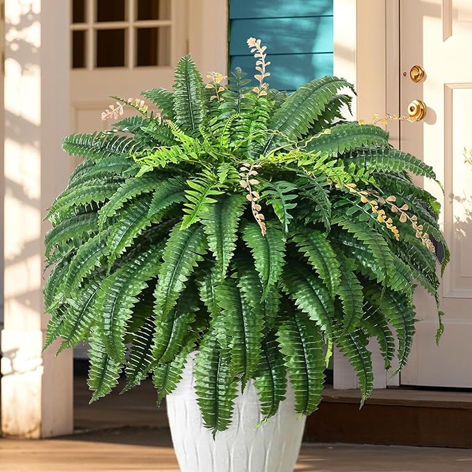 128 Leaves Fake Ferns, Large Artificial Boston Fern, Faux Fern Plants by FAJUNZH