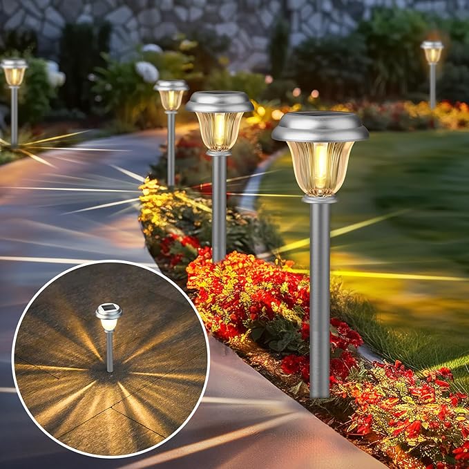 DERAYSION Solar Lights Outdoor Waterproof, Brushed Stainless Steel Glass Solar - Image 2