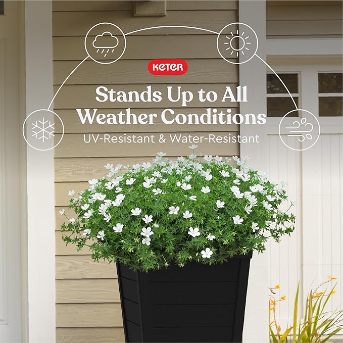 Keter Set of 2 Modern 22‑Inch Tall Outdoor Flower Pots – Large Resin Tapered - Image 3