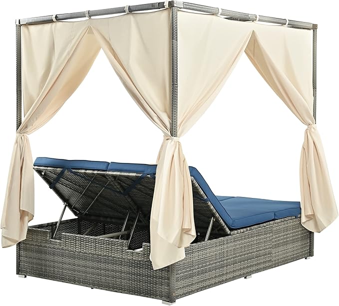 Patio Chaise Lounge, Four-sided Canopy, Overhead Curtain and Blue Cushions - Image 5