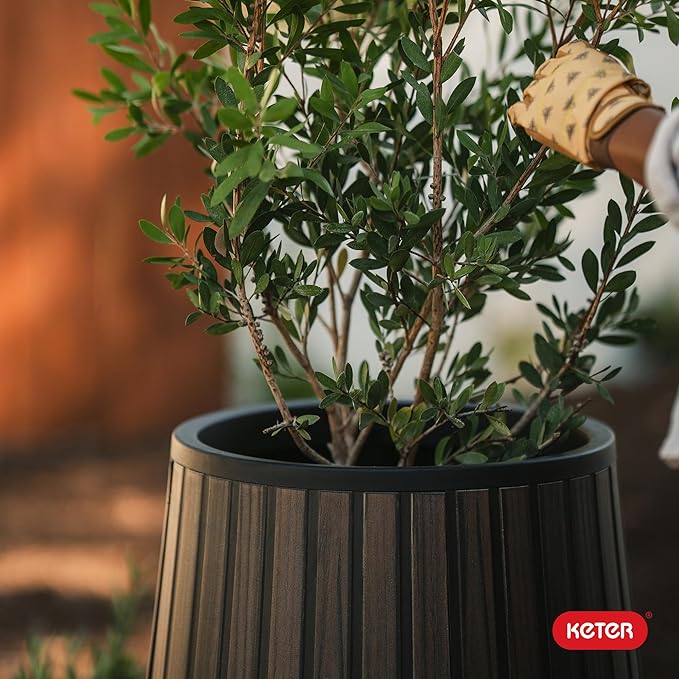 Keter Signature Conic 28.5 Inch Tall Round Large Wood Look Planter - Image 12