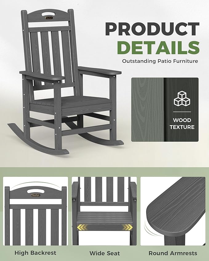 Oversized Outdoor Rocking Chairs Set of 4, High Back Porch Rocker Chair - Image 6