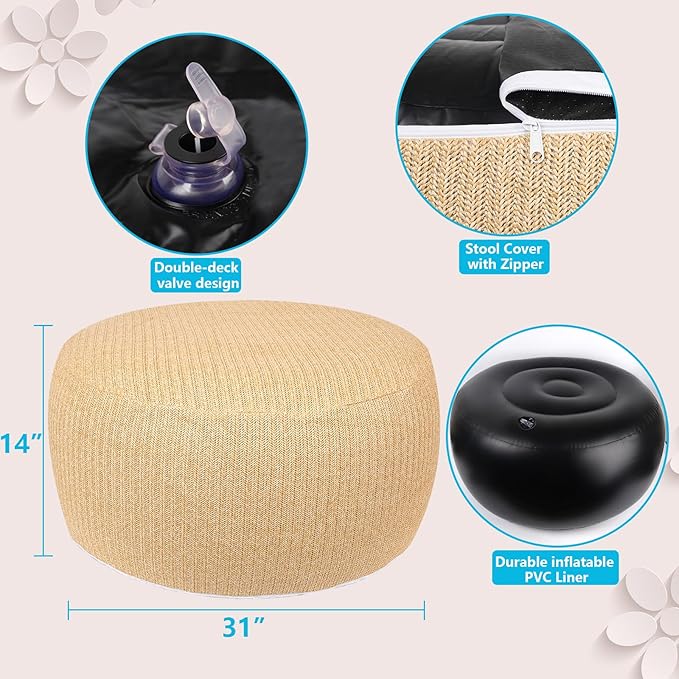 Woven Inflatable Ottoman, Fade-Resistant D31”x H14” Outdoor Indoor Pouf Patio - Image 2