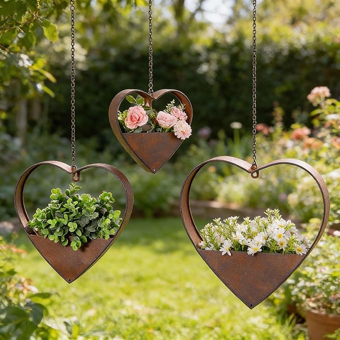 3 Pcs 3 Size Heart Metal Hanging Planter Indoor Outdoor, 13.4" 10.6" 7" Large by Romooa