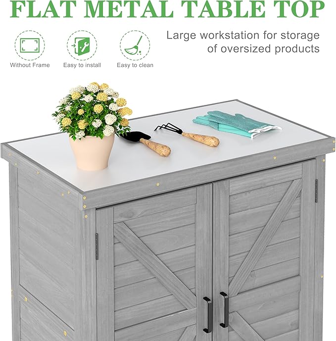 Outdoor Potting Bench with Storage Cabinet and Metal Top, Wood Workstation - Image 3