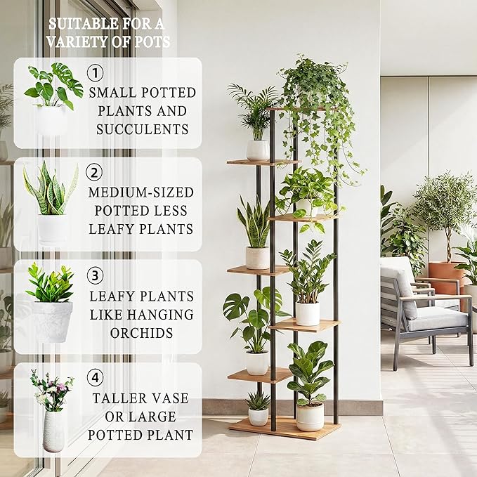 Plant Stand Indoor 7 Tier 8 Potted Metal Wood Plant Shelf, Rustic Brown - Image 5