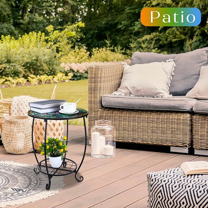Outdoor Side Table Round Small Mosaic Patio Accent Indoor End Plant Coffee Tea - Image 2