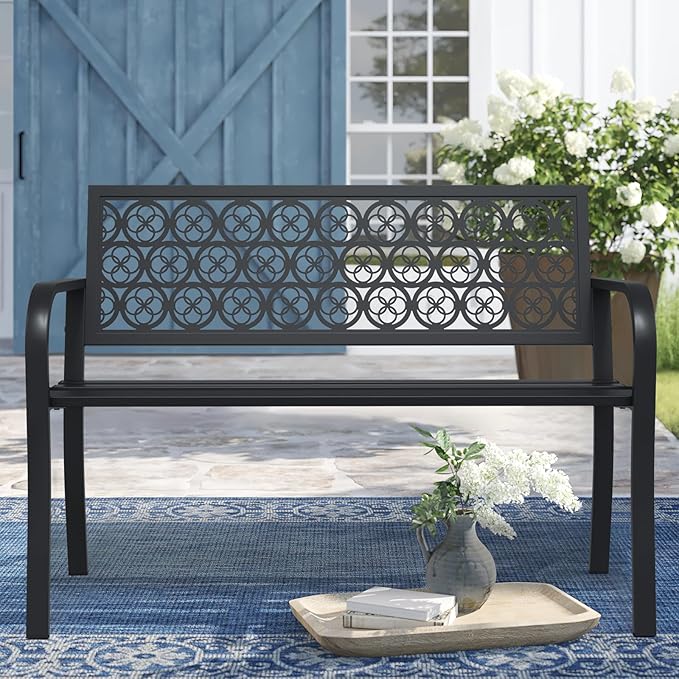 50" Outdoor Bench, Metal Weatherproof Garden Bench Cast Iron Heavy-Duty Patio - Image 7